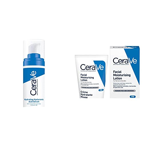 Image of CeraVe Hydrating Hyaluronic Acid Serum 30ml For All Skin Types with Hyaluronic Acid and 3 Essential Ceramides & PM Daily Facial Moisturiser Lotion for Normal to Dry Skin 52ml