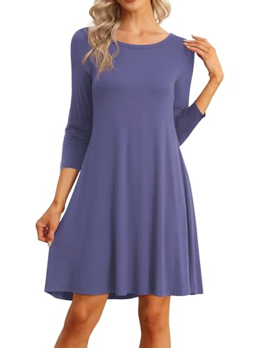 Image of VIISHOW Womens Round Neck 3 /4 Sleeves A-line Casual Tshirt Dress with Pocket