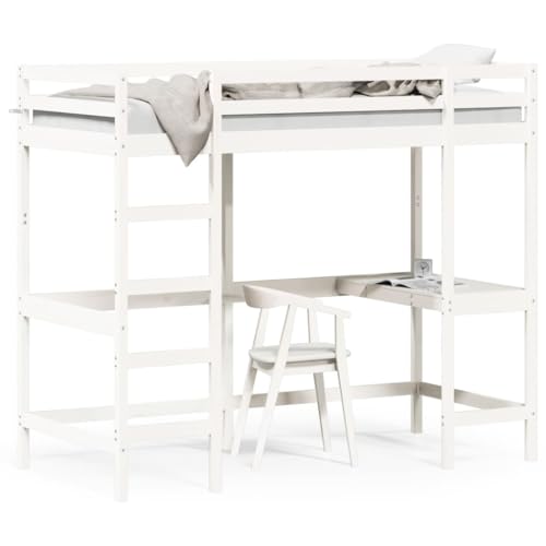 Homgoday Cama de altillo con escritorio blanco 90 x 190 cm madera maciza de pino, cama con marco de cama, somier para dormitorios, estructura de cama, cama moderna estructura