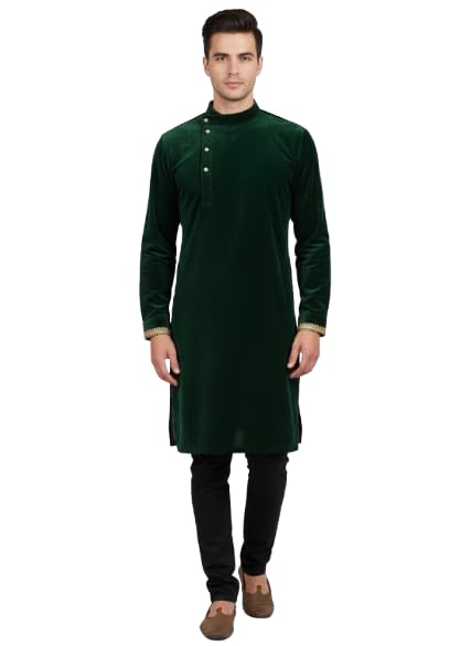 Men's Velvet Kurta, Green, Long Sleeve Traditional Indian Ethnic Wear-image-2