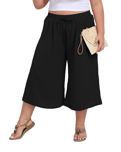 LIGHTBACK Women's Plus Size Wide Leg Capri Pants Loose Lounge Cropped Culottes Summer Casual Palazzo Pants with Pockets2