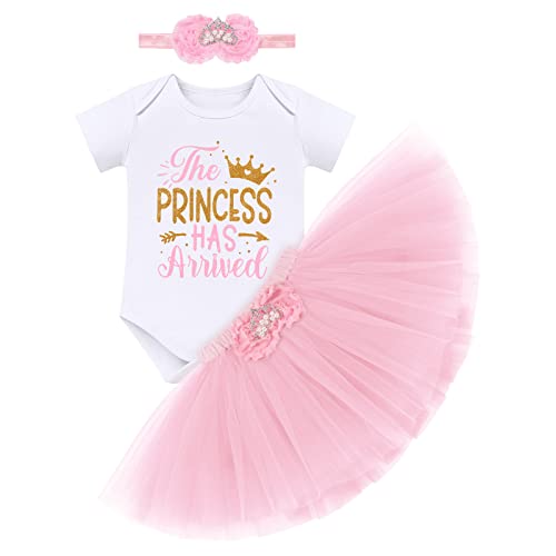 Image of Newborn Coming Home from Hospital Outfit: Baby Girl Romper Tulle Tutu Skirt Headband 1st Birthday Cake Smash Photoshoot New Born Infant Clothes Full Set Pink Months