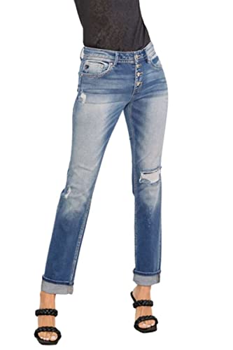 Kancan Women's Mid Rise Patched Folded Hem Slim Straight - KC85993