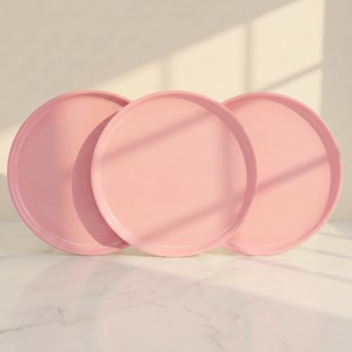 Image of Lumiset Thali Plates, Set of 3 Round Serving Plates | Light Weight, 13 inch | 100% Food Grade Plastic | BPA - Free | Microwave Safe | Dishwasher Safe | Daily Use, Party, Events | Lunch, Dinner (Pink)