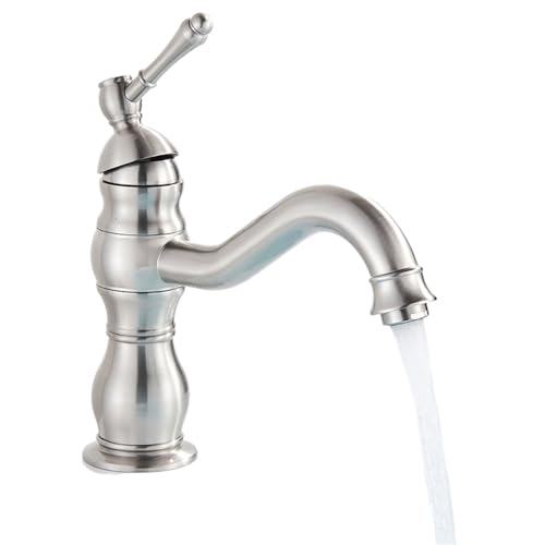 Grifo De Lavabo Dorado De Una Sola Manija, Mezclador De Agua Fría Y Caliente, Grifo De Lavabo De Baño, Grifo De Lavabo Giratorio De Latón Antiguo, Corto, Latón Antiguo, Níquel Cepillado Corto