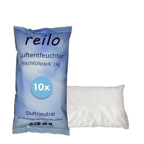 reilo 10x 1kg Luftentfeuchter Granulat (Calciumchlorid), Raumentfeuchter im Vliesbeutel, Nachfüllpacks für Luftentfeuchterboxen 900 bis 1200 g, Staffelpreis, für Auto, Schlafzimmer, Keller