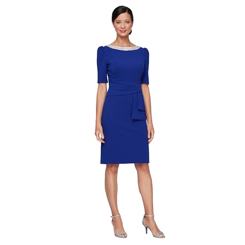 Image of Alex Evenings Women's Short Stretch Crepe Sheath Cocktail Dress with Embellished Neckline and Puff Shoulder Elbow Sleeves