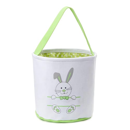 Image of Easter Bucket, Canvas Easter Bunny Basket, Bunny Face Print Basket, Bucket with Handle for Egg Hunts, Party Gifts (Green)