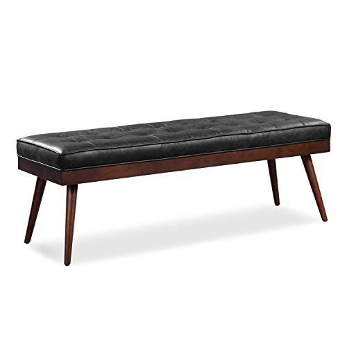 Image of Poly & BARK 55 inch Tufted Leather Bed Bench for Bedroom End of Bed - Living Room Entry Way Bench - Pure Italian Leather Upholstery with a Solid Wood Frame - Ottoman Bench with Wooden Legs - Onyx Black