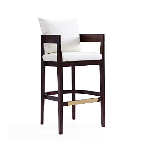 Butaco de cuero vegano Manhattan Comfort Ritz con respaldo acolchado suelto, patas de madera de haya, reposapiés de metal dorado, diseño moderno de mediados de siglo, completamente ensamblado, altura de asiento 30,5 pulgadas, juego de 2, color marfil miniatura 4