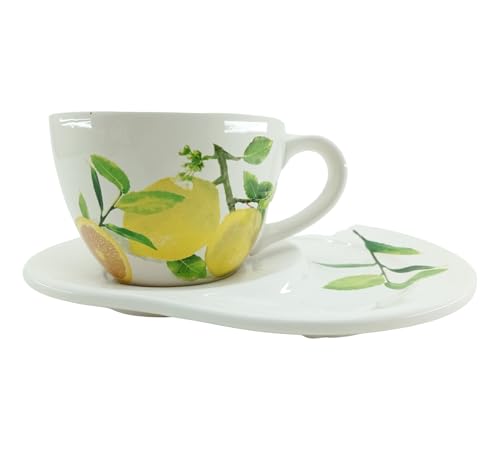 Genérico Tazón Grande de Café con Plato, Diseño de Limones y Hojas, Porcelana Blanca
