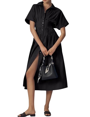Striped Button Pleated Shirt Maxi Dress for Women Summer Short Sleeve Collar V Neck Corset Long Dress