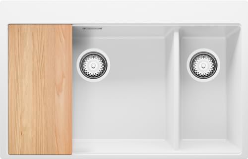 PRIMAGRAN Fregadero Cocina Blanco 78x50cm, Granito 2 Senos + Sifón + Tabla de cortar, Sobre encimera al mueble 80cm - Oslo Duo S035