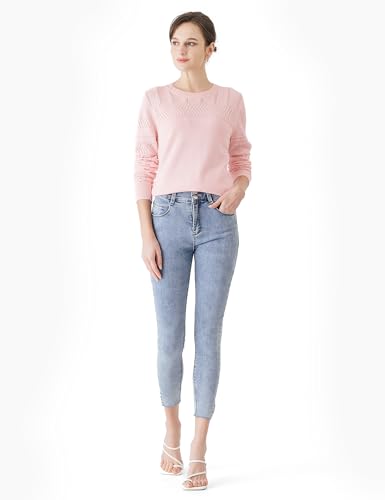 Cable Stitch Women's Pointelle Sleeve Lightweight Sweater - Long Sleeve Crewneck Lace Pullover Top3