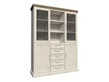 Griffe aus Metall (Gold) Mirjan24 Vitrine Charlotte W2D CT19, Vitrinenschrank mit 4 Türen, 5 Schubladen und Fächern, Esszimmerschrank, Wohnzimmerschrank, Highboard, Hochschrank (Nordische Kiefer/Wildeiche)