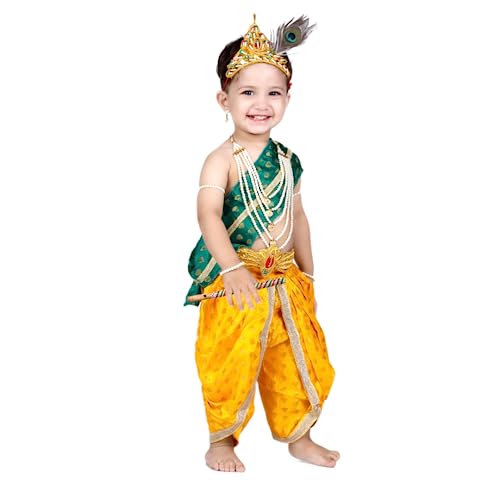 Image of ITSMYCOSTUME Krishna Dress for Baby Boy Kids Set of 10(Dhoti,Hip Cover,Patka,Mukut,Morpankh,Bansuri,Kamarband,Bajuband,Kundal) Little Krishna Ji Kanha Janmasthmi Costume