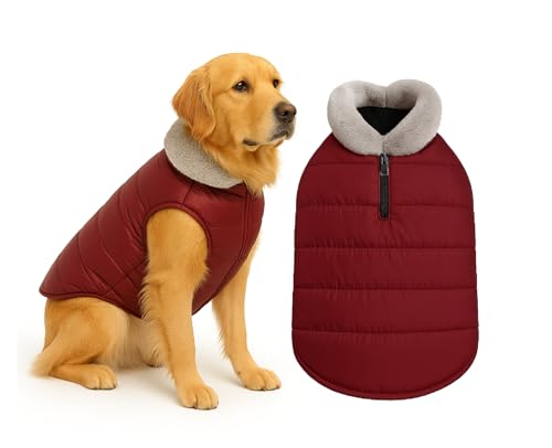 Image of The Pets Company Dog Winter Coat Jacket, Clothes, Windproof, Waterproof, Light Weight, Washable, Ultra Warm Thick Fleece Lined Dog Vest for Cold Weather Protection, (Maroon, Large - 26 Inch)