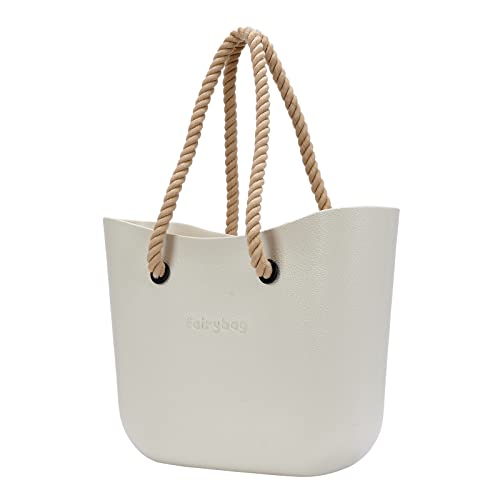 MRMIMI Rubber Tote Handbag with Rope Handles and Faux Leather Strap Lightweight Waterproof Shoulder Bag with EVA Foam Rubber (White)