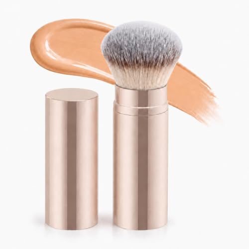 Brocha de Maquillaje Kabuki Retráctil con Cabezal Redondo, Color Champán, para Base, Colorete, Polvos, Iluminador y Productos Líquidos o en Crema, Cerdas Suaves, Formato Compacto de Viaje