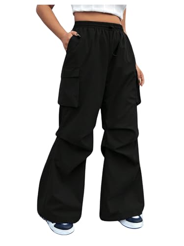 OYOANGLE Women's Plus Size Drawstring Waist Wide Leg Casual Cargo Pants with Pocket