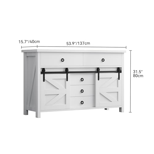 DWVO 54" Farmhouse Dresser for Room, Large Modern Chest of Drawers, Wood Rustic Dresser TV Stand with 5 Drawers & 2 Sliding Barn Doors for Living Dining Room, Entryway, Hallway, White