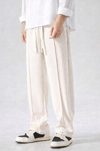 Image of Men's Relaxed Wide Leg Trousers with Adjustable Drawstring Waist - Korean Loose Straight Fit Casual Pants for Lounge, Travel, Streetwear & Everyday Comfortable Wear (in, Numeric, 30, Regular, Cream)