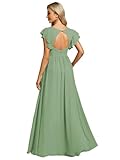 Ever-Pretty Robe de Soirée Dos Nu pour Femme Manches Volantées Mousseline Col V Plissé Robe de Demoiselle d'honneur Longue Élégante Vert Sauge 36