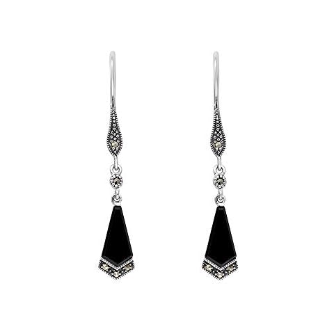 Esse Marcasite Sterling Silver Art Deco Kite Shaped Black Onyx with Marcasite Detail Dangle Earrings Cover