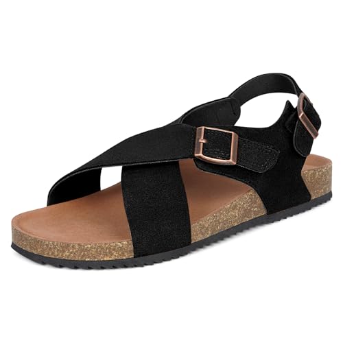 Intini Women's Cork Footbed Sandals with Arch Support Suede Leather Flat Slides Sandals Comfort Open Toe Slip On Shoes for Outdoor Summer Adjustable Buckle & Crisscross Band