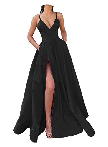 Fanciest Women's Spaghetti Straps Satin High Slit Prom Evening Dresses with Pockets  Long Formal Dress Black US2-1 at Amazon Women's Clothing store