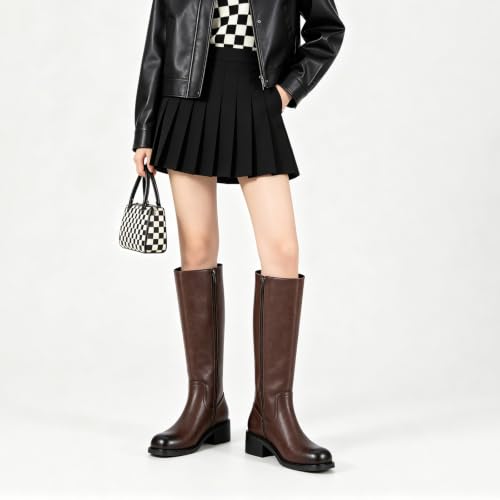Image of ZJA Knee High Boots Women,Square Toe Chunky Block Low Heel Tall