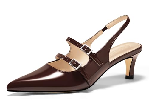 Coutgo Womens Slingback Kitten Heels Mary Jane Pumps Closed Pointed Toe Buckle Strap Wedding Dress Shoes