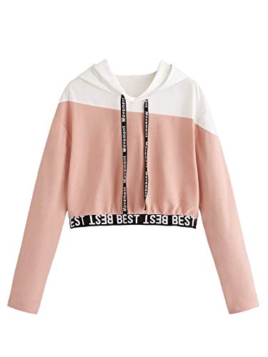 SweatyRocks Women's Letter Print Color Block Long Sleeve Crop Top Hoodies Pullover Sweatshirt