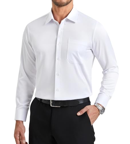 Enlision Camisa Blanca Hombre Elastica sin Plancha Vestir Manga Larga Camisas Cuello con Botones Ajuste Regular Negocios Oficina Boda con Bolsillo XXL