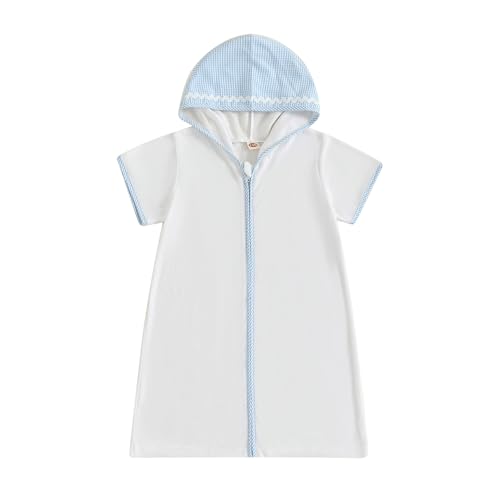Toddler Boys Girls Terry Swimsuit Cover Up Short Sleeve Zipper Hooded Embroidery Bathing Suit Kids Summer Swimwear