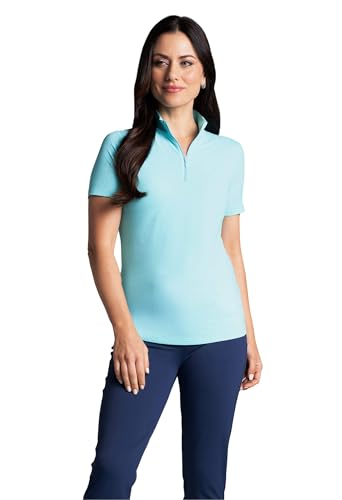 IBKUL Athleisure Wear Sun Protective UPF 50+ Icefil Cooling Short Sleeve Mock Neck Top - 87000 Seafoam Solid L
