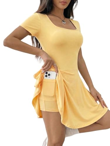 JMUJUN Women's Summer Knit Casual Sport Square Neck Short Sleeve Skater Dress, for Home and Fitness Pale Yellow