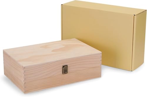 makerflo Large Natural Wooden Keepsake Memory Box Pack of 1, Pine Wood Storage Chest with Black Felt Interior, Clasp Closure, Ideal for Personalization, Laser Engraving Blank, UV DTF