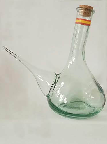 Porrón de Vidrio Reciclado 1L con Bandera de España Grabada y Tapón de Corcho Natural – Vidrio Grueso y Resistente – Apto para Lavavajillas