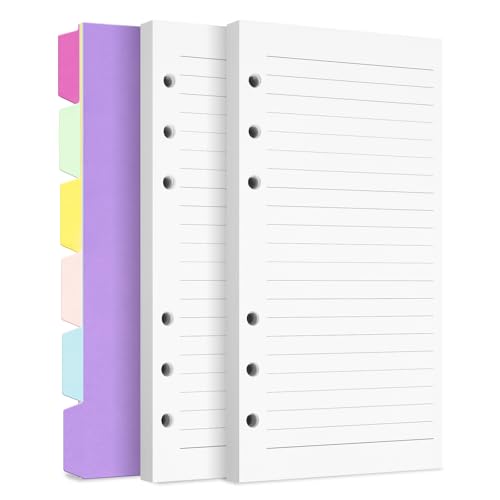 A6 Refill Paper Planner Inserts 6-Hole Loose Leaf Paper College Ruled Loose Leaf with Binder Dividers Punched Notebook Refills for 6-Ring Refillable Binder 240 Pages White