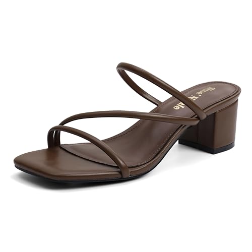 Image of Shoe'N Tale Strappy Heels For Women Low Chunky Block Heel Heeled Sandals Square Open Toe Slip On Slides Mules
