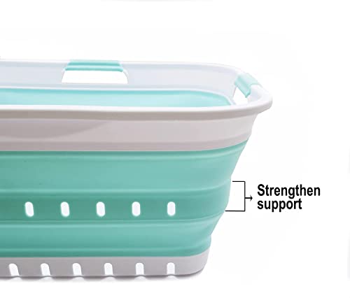 Image of SAMMART 42L (11 gallon) Collapsible Plastic Laundry Basket - Foldable Pop Up Storage Container /Organizer - Portable Basket - Space Saving Hamper /Basket (2, White /Lake Green)