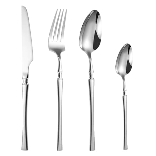 Image of aDai Sterling Silver Silverware Set | Satin Finish 4-Piece Korean Vintage Style Flatware Set | Dishwasher Safe Stainless Steel Cutlery for Home, Restaurant & Gifting
