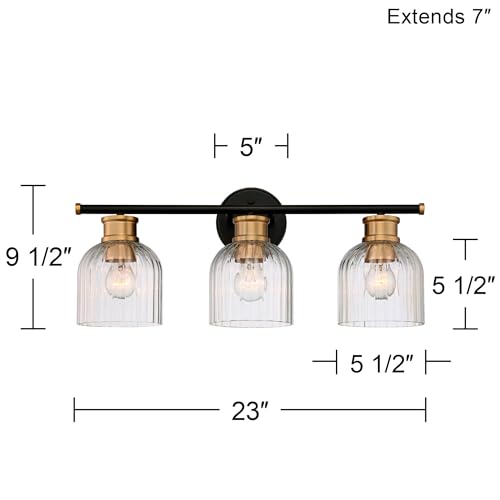 Image of Stiffel Lana Mid Century Modern Wall Light Black Warm Brass Hardwired 23 inch 3-Light Fixture Clear Fluted Glass Shade for Bedroom Bathroom Mirror Vanity Reading Living Room Hallway House