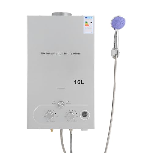 CHFUNE Calentador de agua de gas 16LPM, 24 kW, GLP, propano butano, calentador de agua de gas portátil, baja presión de agua de arranque, para camping, casas de barco