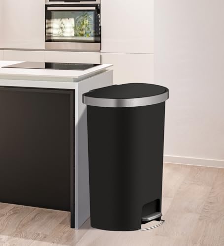 Image of Obsessions EKO 55L Semi-Round Plastic Step Bin with Pedal, Large Capacity Trash Can Ideal for Home, Kitchen and Office, Black