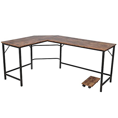 Schreibtisch L-Form - Industriedesign, aus Metall, 138x138 cm, mit fahrbarer Ablage, schwarz braun - Eckschreibtisch, Bürotisch, Computertisch, Arbeitstisch für Home Office, Büro, Vintage Retro Tisch