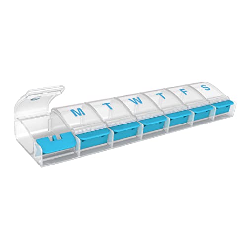 Image of Ezy Dose Weekly (7-Day) Pill Organizer, X-Large Medicine Case, Blue /Clear | Daily Vitamin & Supplement Planner, Spacious Push-Button Compartments, Convenient & Easy to Use, Travel-Friendly, BPA-Free