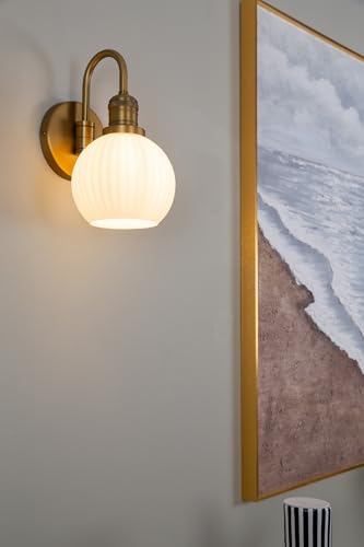 Image of Yosoan Aged Brass Gold Vintage Bathroom Wall Sconce with Striped Shade, 1-Light Classic Indoor Vanity Hardwired Wall Mounted Light, Frosted Milky White Ribbed Glass Shade for Bedroom Hallway(Antique)