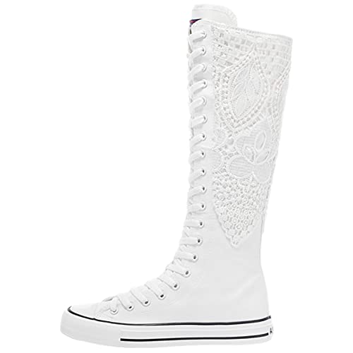 Image of ANUFER Women Fashion Canvas Dance Boots Knee High Bicycling Boots Girls Fancy School Shoes